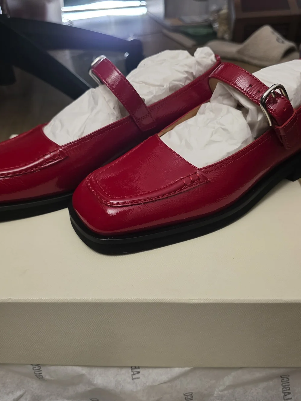 Labucq Norman Mary Jane Square Toe Buckle Strap Red Patent Shoes Size 40
